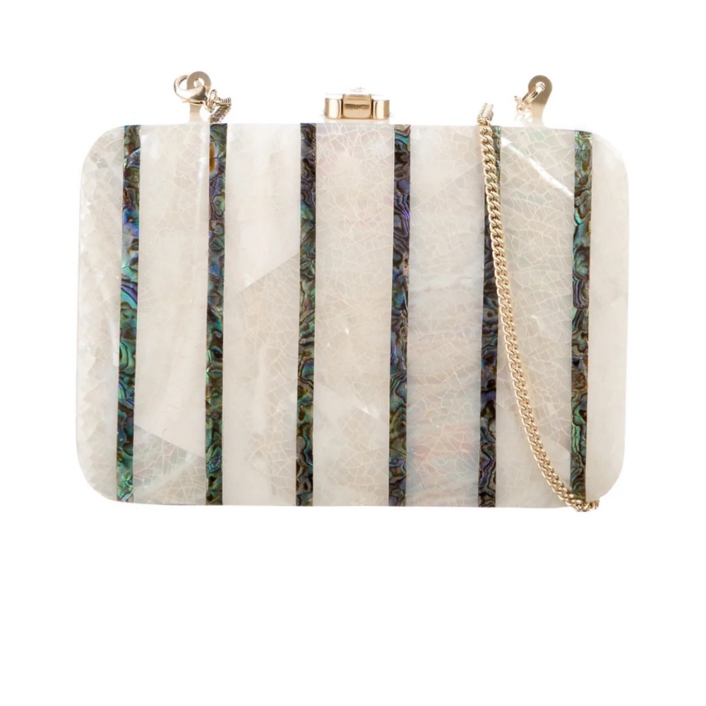 Chic White and Green Striped Clutch